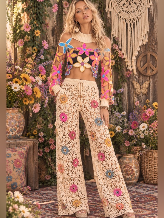Sweaters - Floral crochet knit sweater mock turtleneck neck rainbow multicolor cropped NWT
